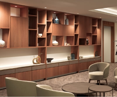 棚にメラミン化粧板が使われた高揚空間